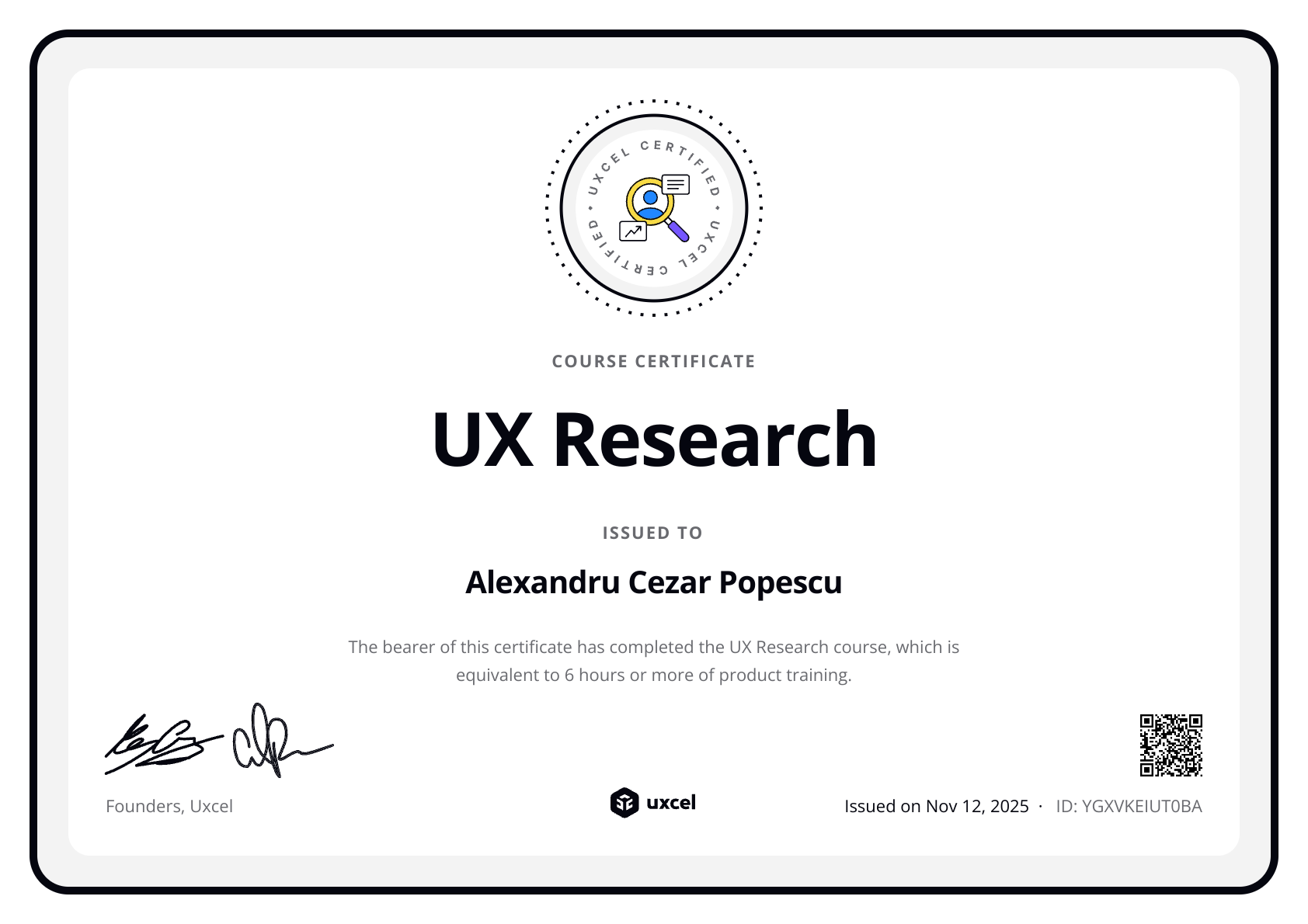 Alexandru Cezar Popescu's certificate